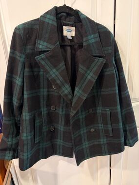 Old Navy Women's Black & Teal Plaid Peacoat Jacket